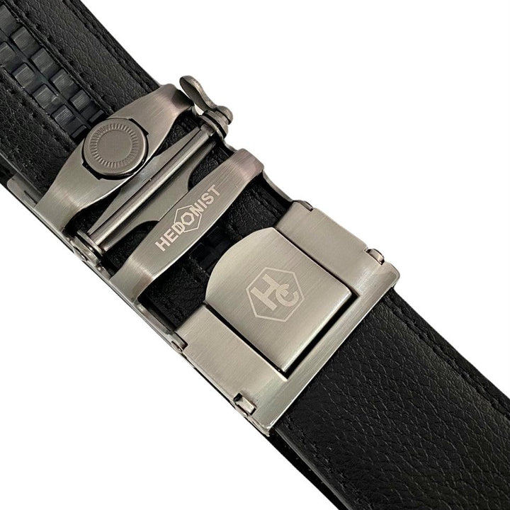 Black Automatic belt buckle 1.38" , hardware close-up, for ratchet leather belts by Hedonist Chicago
