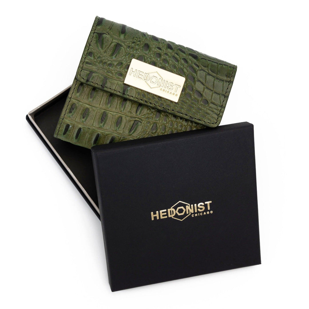 Women's Small Green Leather Wallet with Coin Pocket from Hedonist Chicago Branded Box