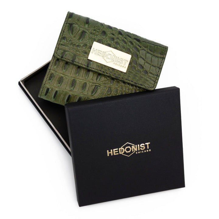 Women's Small Green Leather Wallet with Coin Pocket from Hedonist Chicago Branded Box