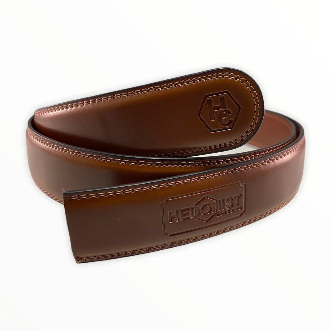 Interchangeable leather belt straps for ratchet buckle system full-grain leather by Hedonist Chicago
