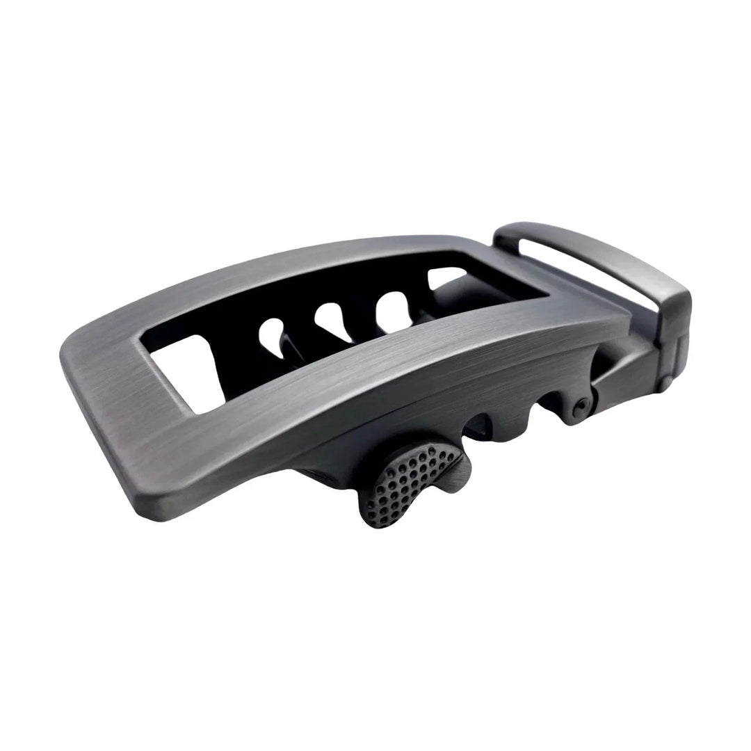 Automatic ratchet buckle in brushed steel next to traditional pin buckle by Hedonist Chicago