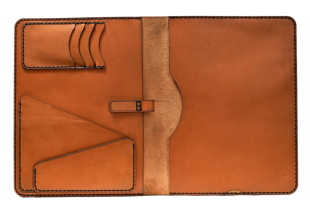 Handmade leather iPad holder showing hand-stitched construction with protective design for daily tablet use