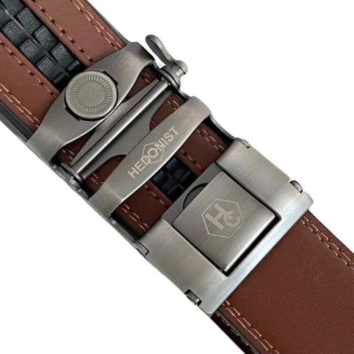 Ratchet belt mechanism showing automatic buckle with track and pawl system for precision adjustment without holes