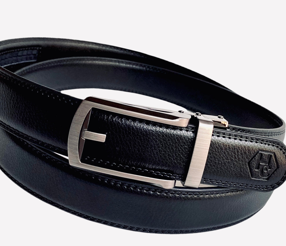 Full grain leather belt with metal buckle showing durable construction and quality stitching for everyday wear