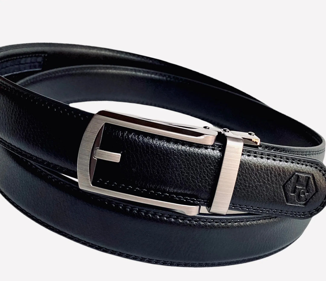 Full grain leather belt with metal buckle showing durable construction and quality stitching for everyday wear