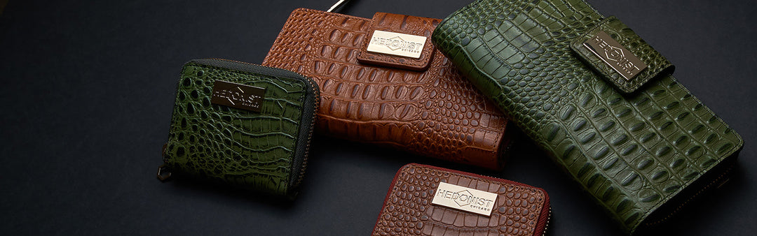 Embossed cowhide leather wallets and belts with crocodile texture - bold accessories by Hedonist Chicago