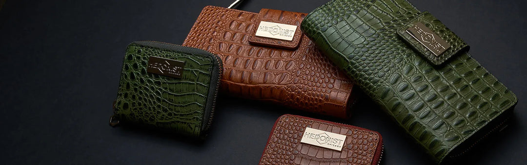 Embossed cowhide leather wallets and belts with crocodile texture - bold accessories by Hedonist Chicago