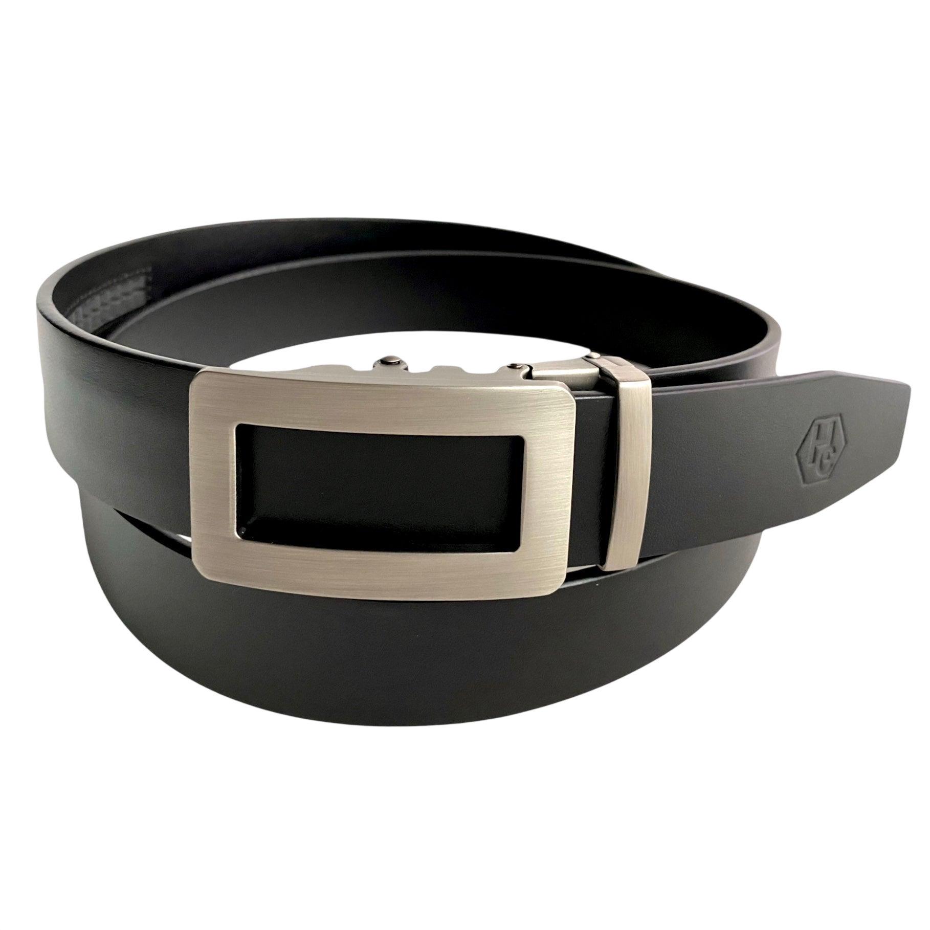 Ratchet belt with automatic buckle mechanism showing track system for precision adjustment without traditional holes