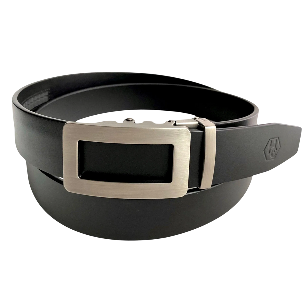 Ratchet belt with automatic buckle mechanism showing track system for precision adjustment without traditional holes