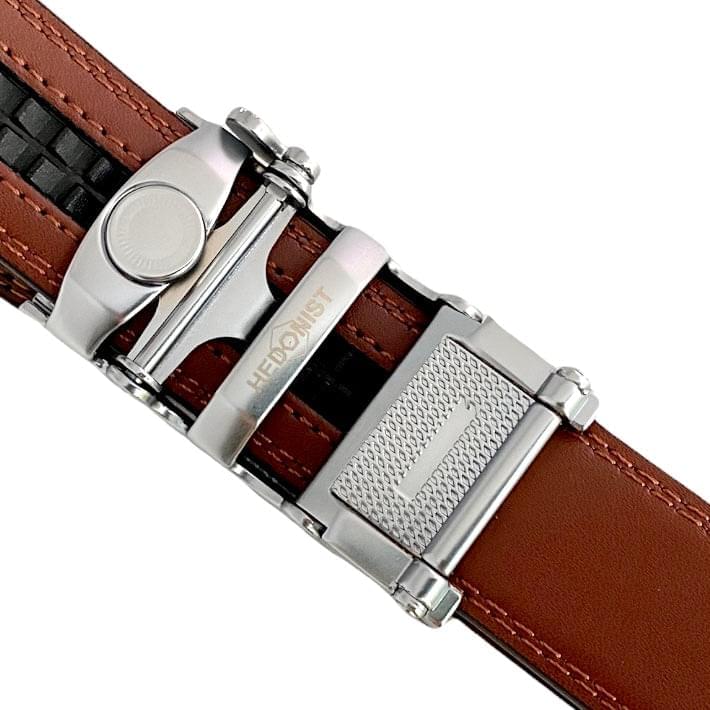 Brown Leather Belt  Automatic Blue-Grey Buckle Back View | Hedonist Chicago