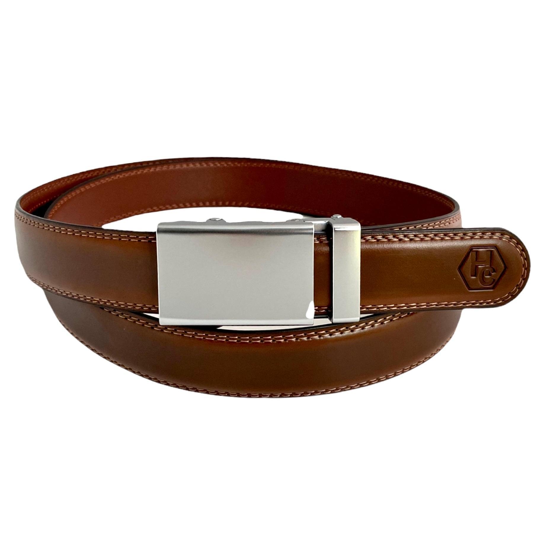 Brown Leather Belt  Automatic Blue-Grey Buckle | Hedonist Chicago