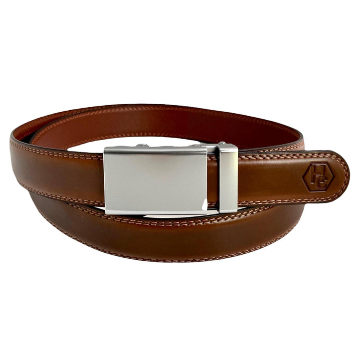 Brown Leather Belt  Automatic Blue-Grey Buckle | Hedonist Chicago