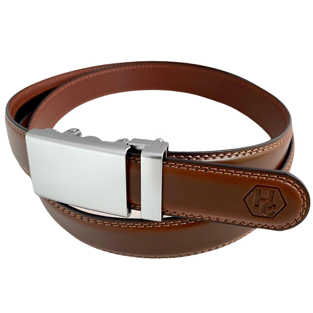 Brown Leather Belt  Automatic Blue-Grey Buckle Side View | Hedonist Chicago