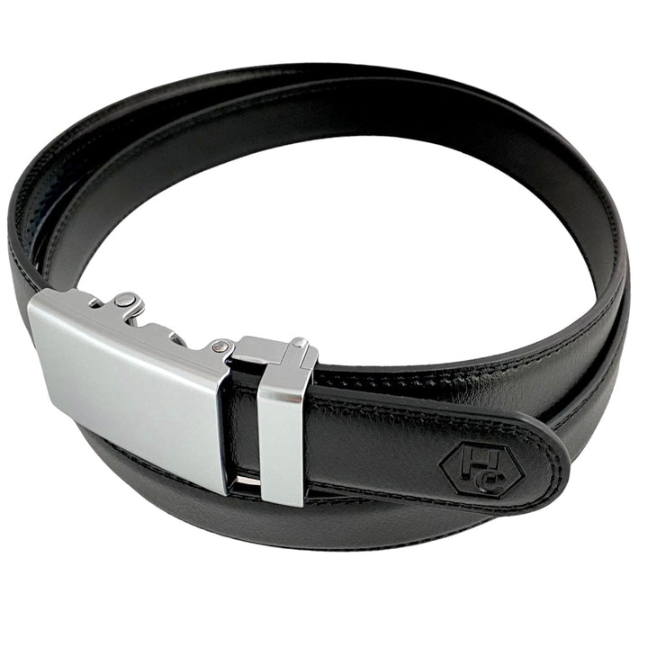 Black Leather Belt Blue-Grey Automatic Buckle Side View | Hedonist Chicago