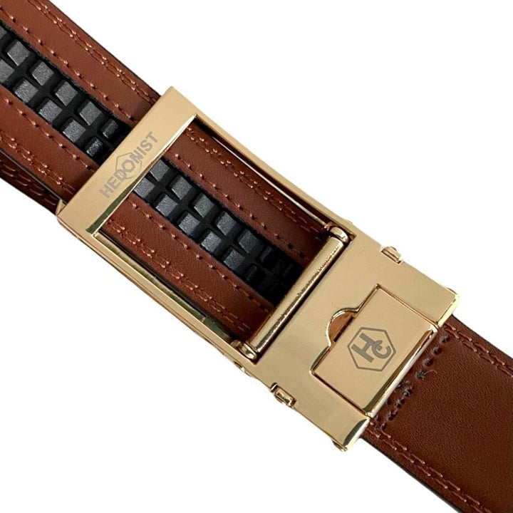 Brown Leather Belt Automatic Gold Hollow Buckle Back View | Hedonist Chicago