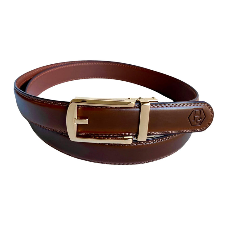 Brown Leather Belt Automatic Gold Hollow Buckle  | Hedonist-Chicago