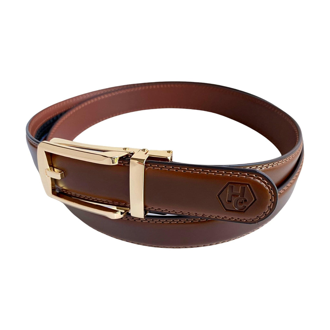 Brown Leather Belt Automatic Gold Hollow Buckle Side View | Hedonist Chicago