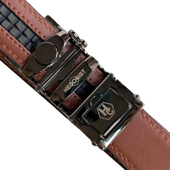 Brown Leather Belt With Saffiano Varnish Buckle Back View | Hedonist Chicago