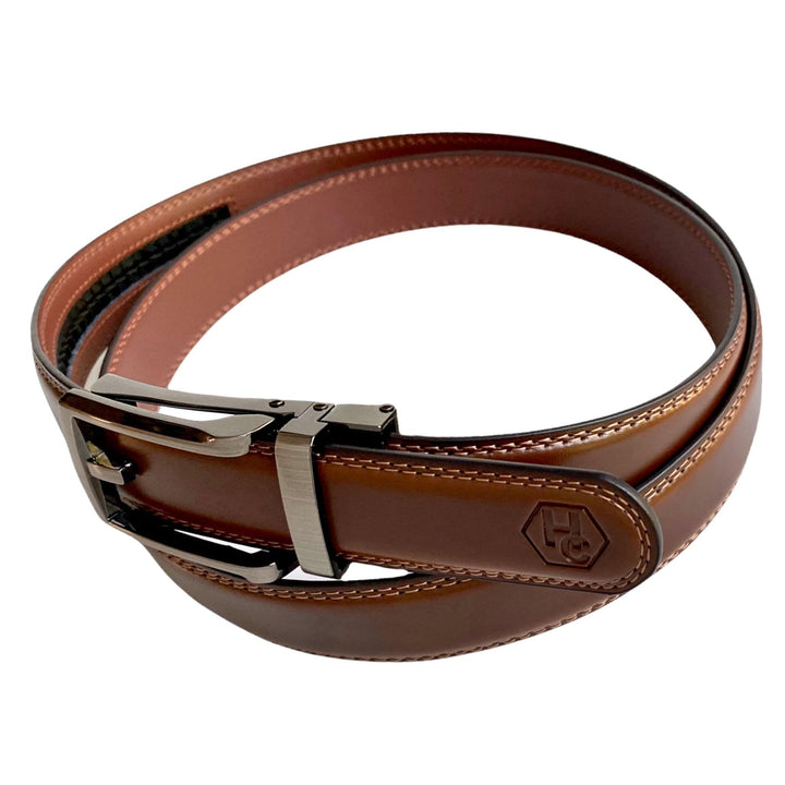 Brown Genuine Leather Strap Belt With Brushed Hollow Buckle 1.15" | Hedonist Chicago | Side View