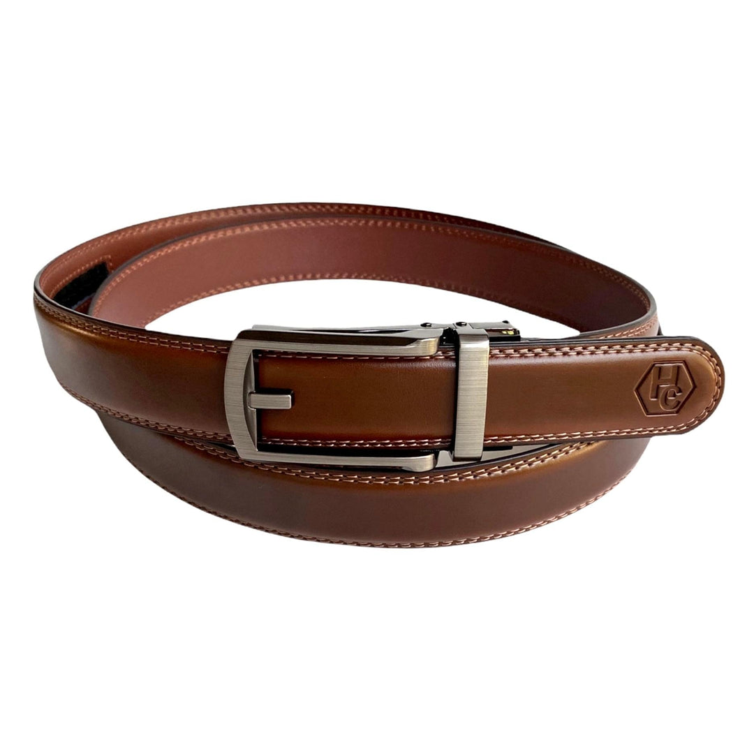 Brown Genuine Leather Strap Belt With Brushed Hollow Buckle 1.15" | Hedonist Chicago