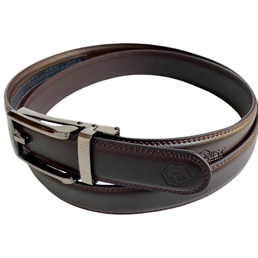 Dark Brown Genuine Leather Belt With Brushed Ratchet Buckle 1.15" | Hedonist Chicago | Side View