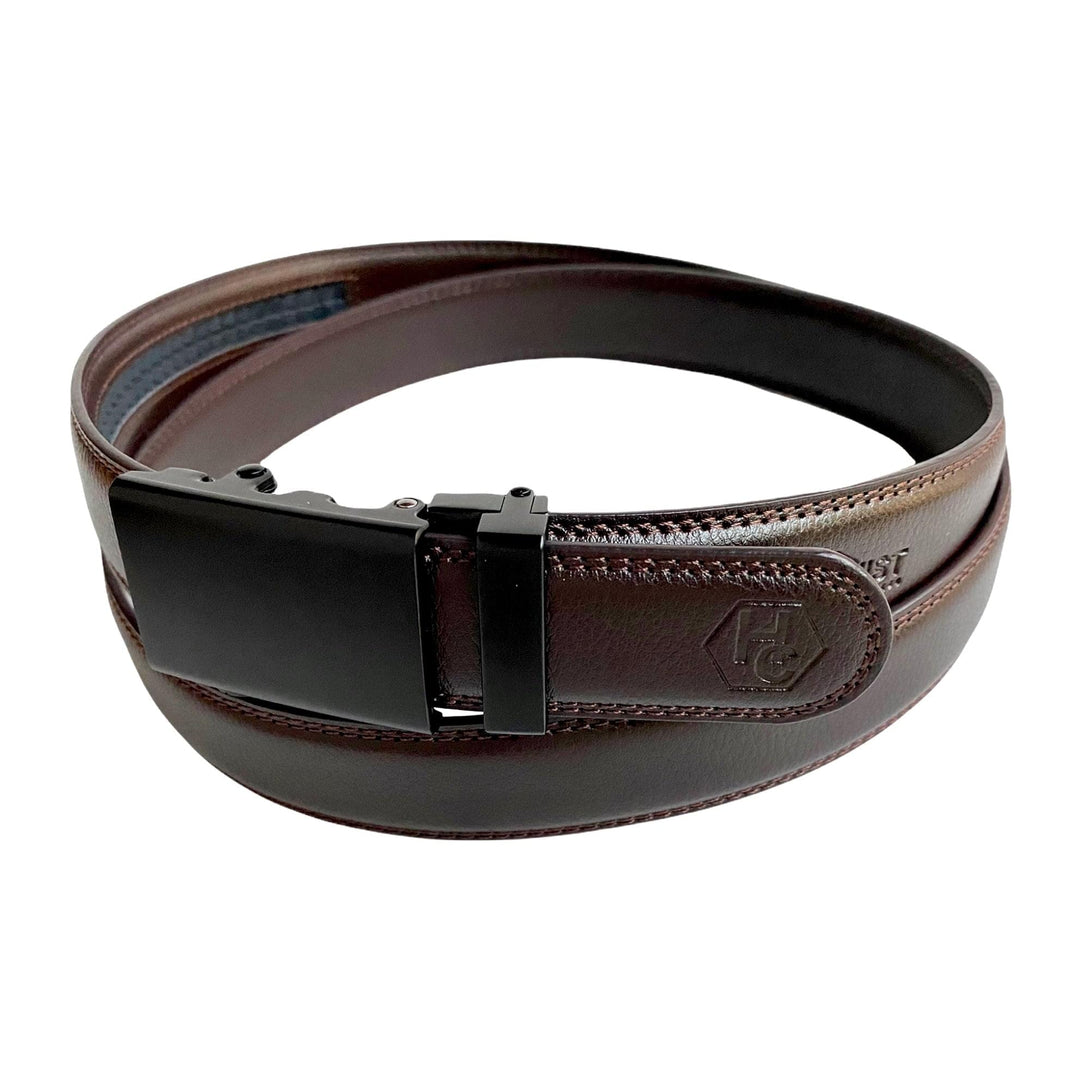 Dark Brown Leather Belt Black Auto Buckle Side View | Hedonist Chicago