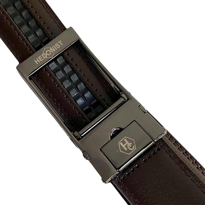 Dark Brown Genuine Leather Belt With Brushed Ratchet Buckle 1.15" | Hedonist Chicago | Buckle View