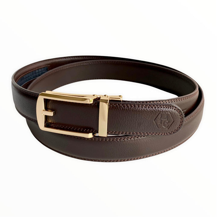 Dark Brown Leather Belt Gold Automatic Buckle Side View | Hedonist Chicago