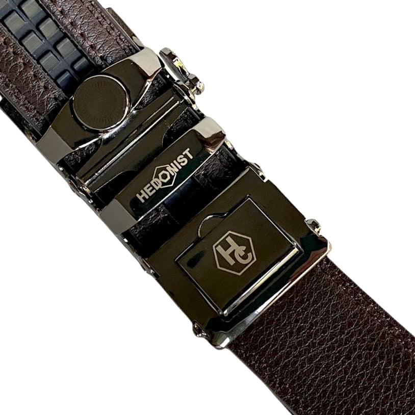 Dark Brown Leather Belt Saffiano Varnish Automatic Buckle Back View | Hedonist Chicago