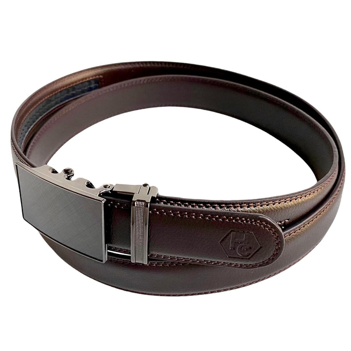 Dark Brown Leather Belt Saffiano Varnish Automatic Buckle Side View | Hedonist Chicago