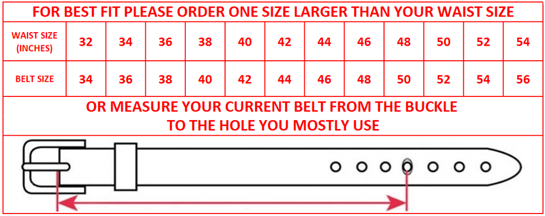 Men's Black Leather Belt with Black Plate Ratchet Buckle 1.15” by Hedonist Chicago size chart