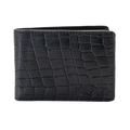 Black bi-fold wallet with an embossed crocodile pattern and debossed logo on the bottom right, shown on a plain white background.