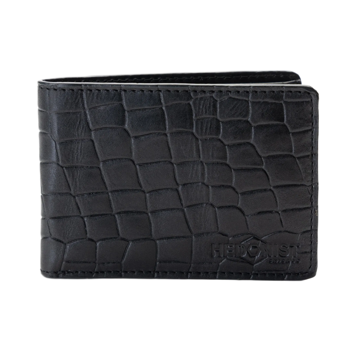Black bi-fold wallet with an embossed crocodile pattern and debossed logo on the bottom right, shown on a plain white background.