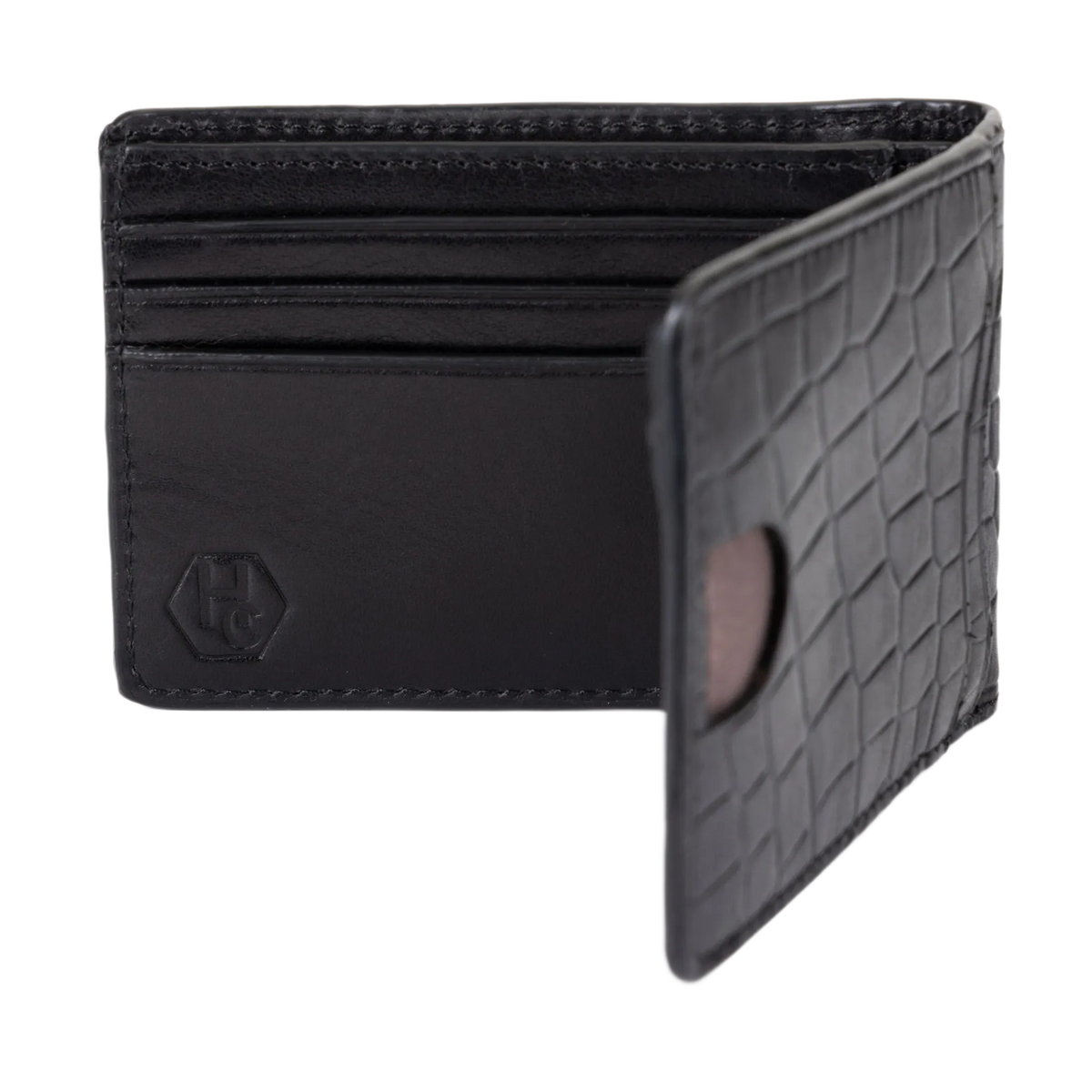 Black leather bifold wallet with an embossed crocodile pattern on the outer flap, featuring card slots and a debossed geometric logo on the front, shown open on a white background.