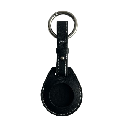 A black leather AirTag Holder case with white contrast stitching, a silver metal split ring, and a small silver rivet