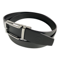 Hedonist Chicago Black Smooth Leather Ratchet Belt with Silver Hollow Buckle top grain leather, angled view