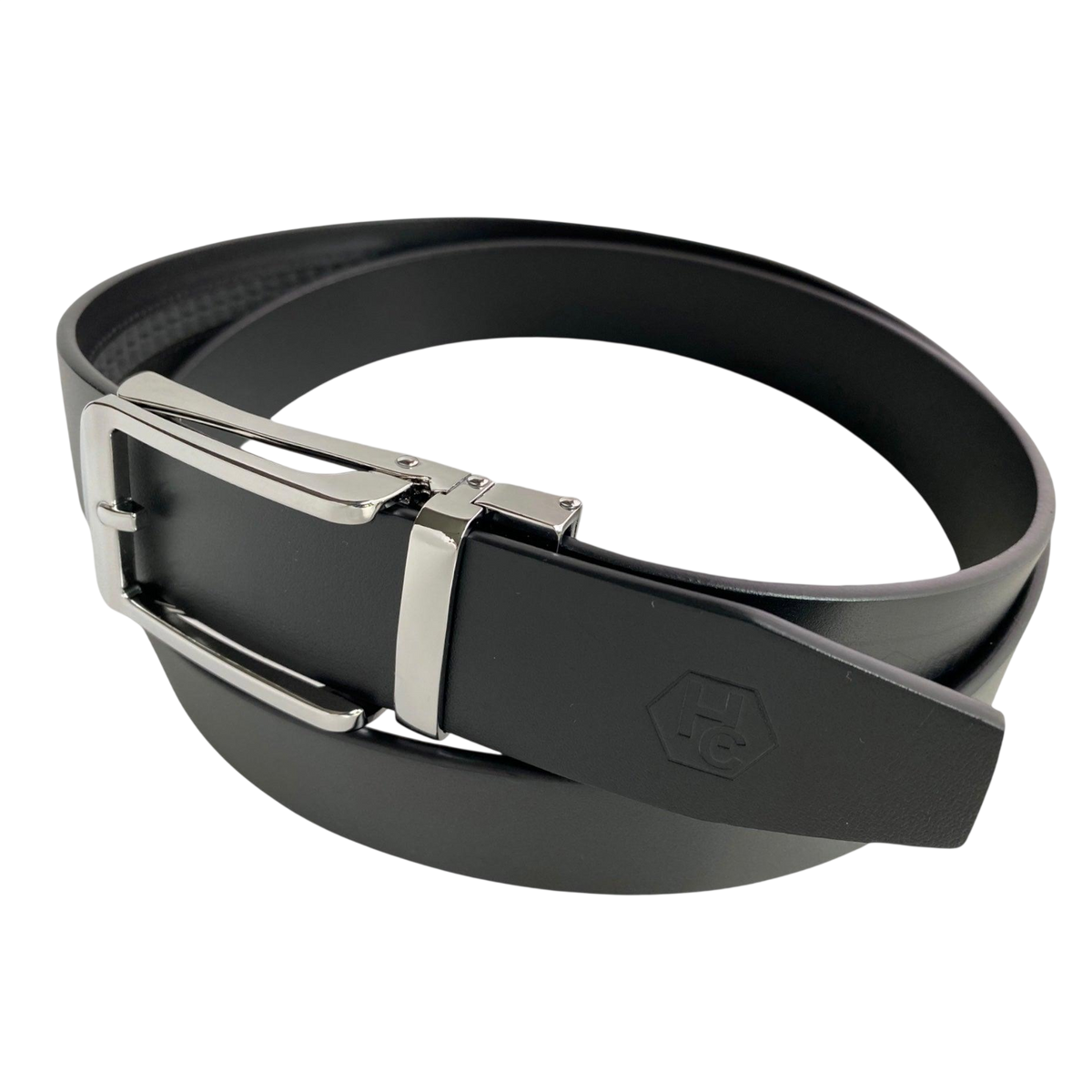 Hedonist Chicago Black Smooth Leather Ratchet Belt with Silver Hollow Buckle top grain leather, angled view