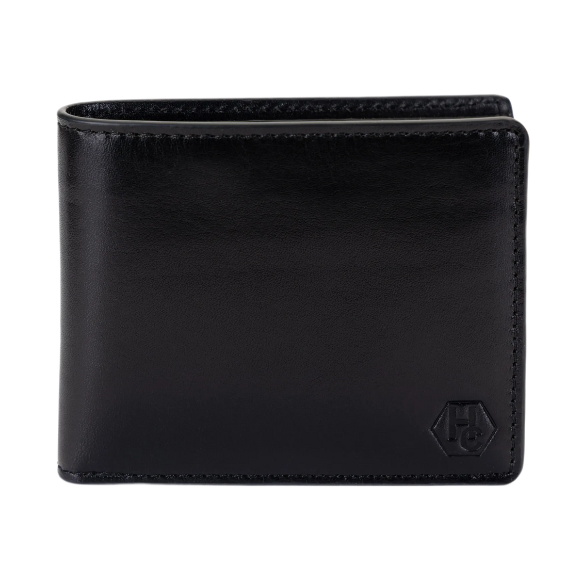 A black leather bi-fold wallet with a Hedonist Chicago logo on the bottom right corner.