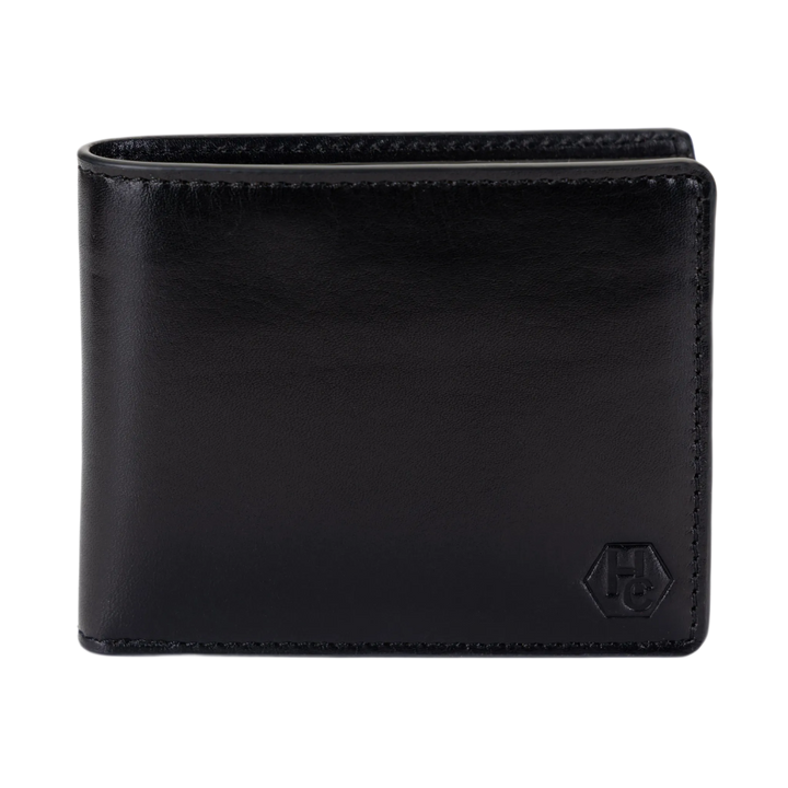 A black leather bi-fold wallet with a Hedonist Chicago logo on the bottom right corner.