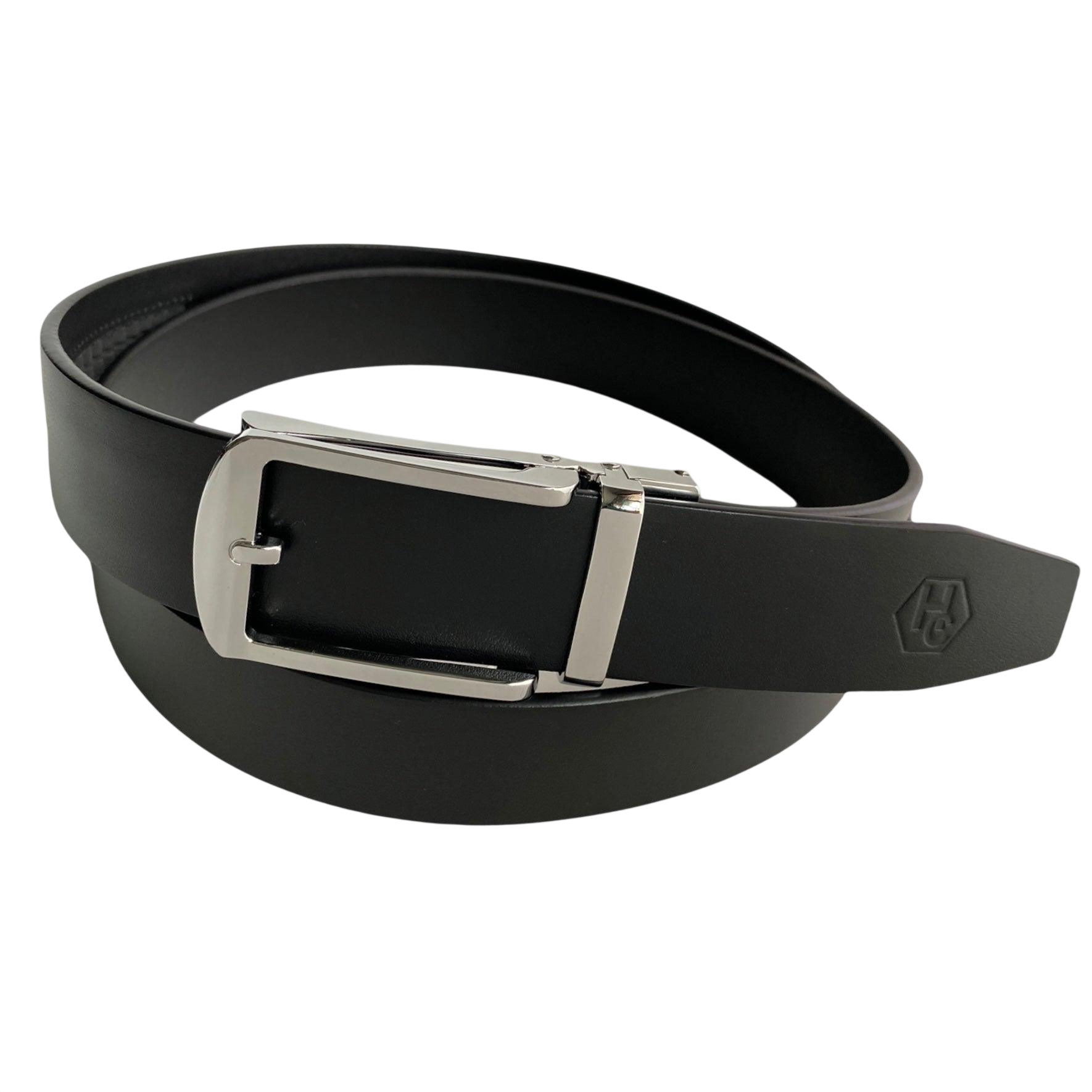 Hedonist Chicago Black Leather Ratchet Belt with Silver Hollow Buckle, product view