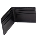 An open black leather bifold wallet with multiple card slots and a billfold pocket.