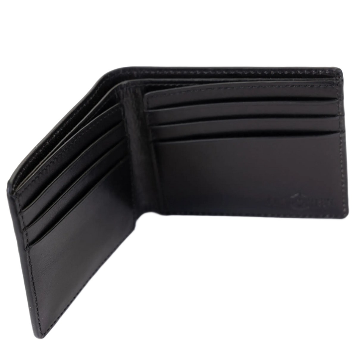 An open black leather bifold wallet with multiple card slots and a billfold pocket.