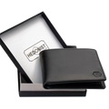 A black leather bi-fold wallet with an embossed logo, displayed next to its black presentation box with a white interior card printed with the brand name 'HEDONIST'.