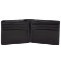 A black leather bi-fold wallet shown open, displaying its interior card slots and a debossed Hedonist Chicago logo on the lower right corner of the right panel.