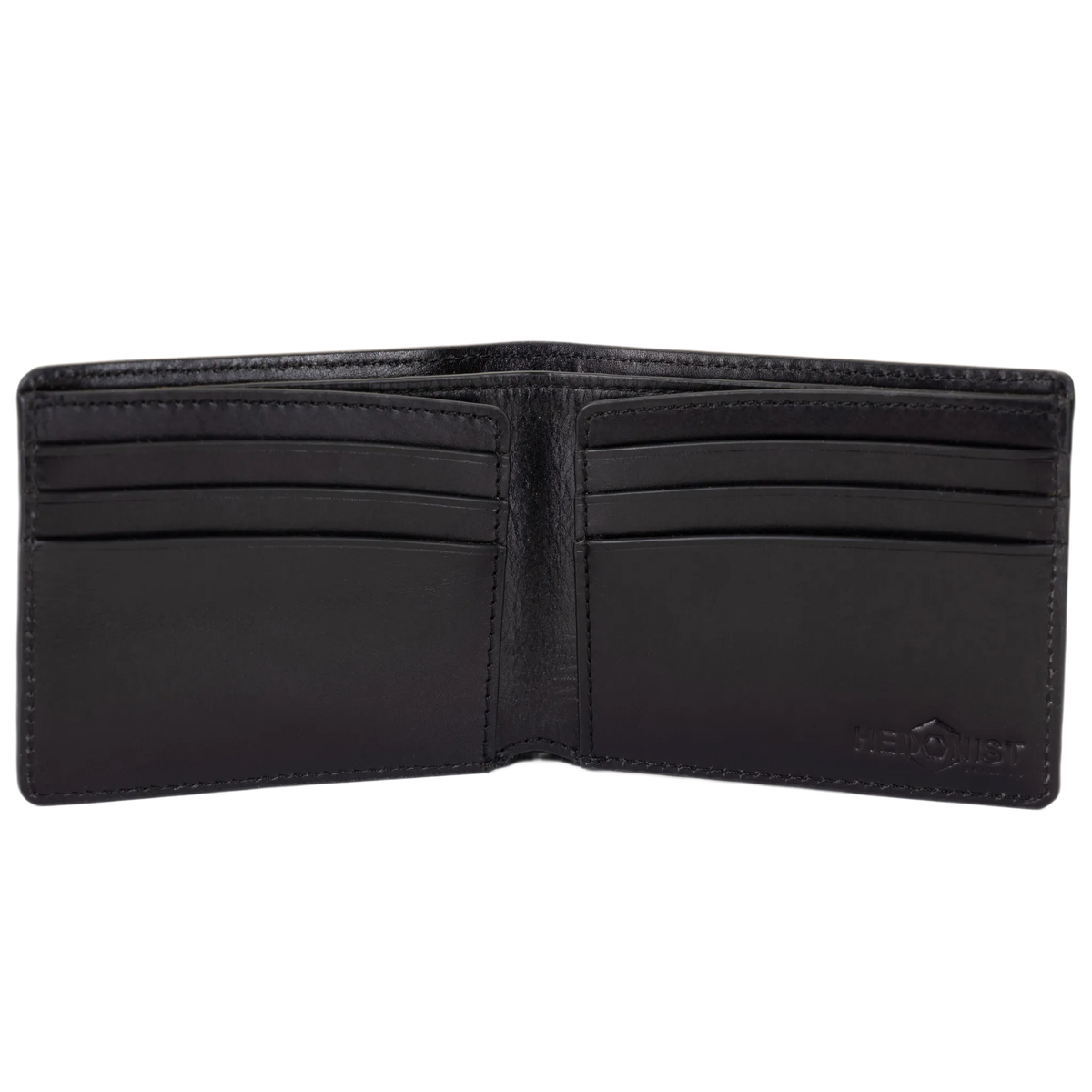 A black leather bi-fold wallet shown open, displaying its interior card slots and a debossed Hedonist Chicago logo on the lower right corner of the right panel.