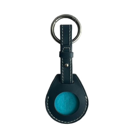 A blue leather AirTag Holder featuring a teardrop-shaped pendant with a circular turquoise blue inlay, a matching leather strap with white stitching, and a silver metal key ring