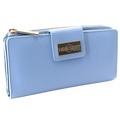 Blue pebbled leather travel wallet closed, front flap with gold-tone Hedonist Chicago plaque