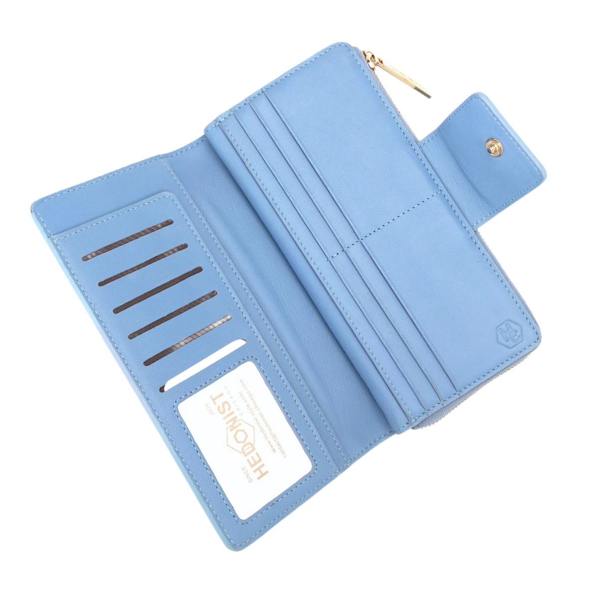 A light blue leather wallet shown open, displaying its interior compartments, card slots, and a gold-tone zipper pull. The brand name 'HEIDONIART' is printed on a white card inside.