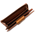 An open brown leather zip-around wallet with multiple card slots, a gold-tone zipper, and a textured ostrich-patterned strap detail.