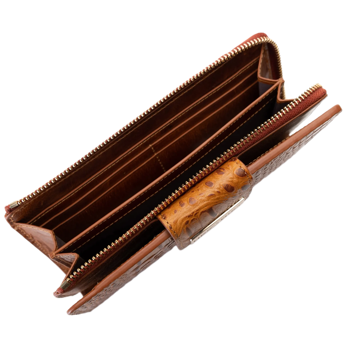An open brown leather zip-around wallet with multiple card slots, a gold-tone zipper, and a textured ostrich-patterned strap detail.